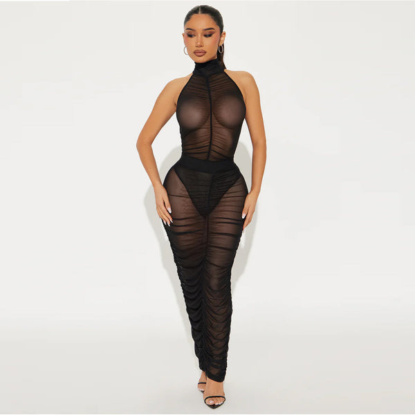 Sexy Mesh Leotard Pleated Skirt Two-piece Set
