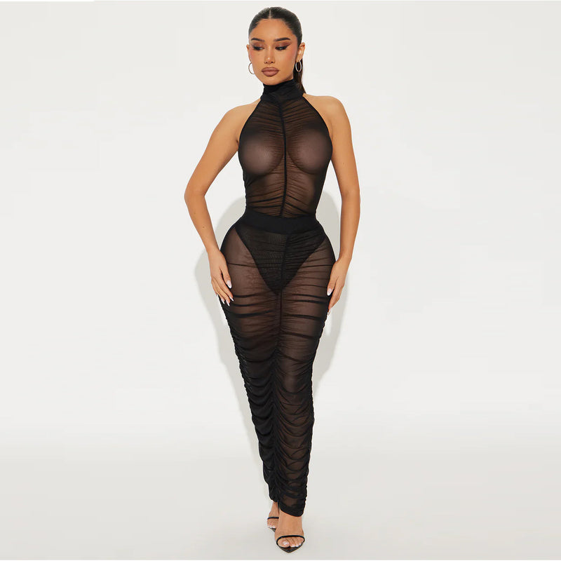 Sexy Mesh Leotard Pleated Skirt Two-piece Set