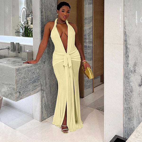 Halter V-neck Split Dress