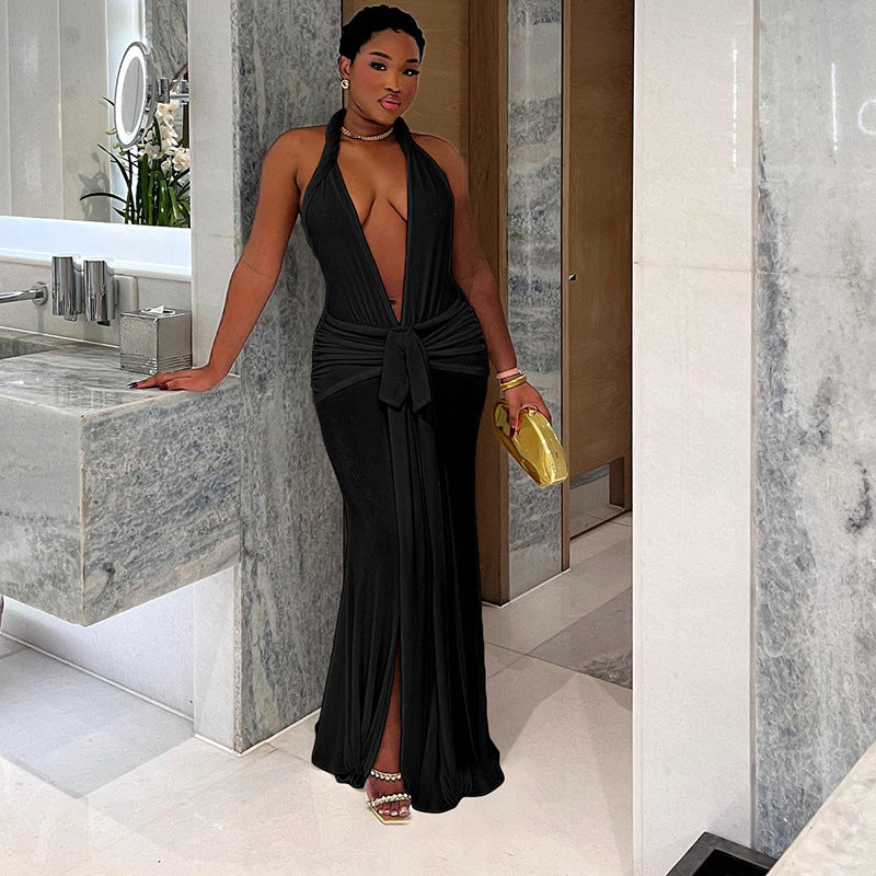 Halter V-neck Split Dress