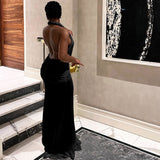 Halter V-neck Split Dress